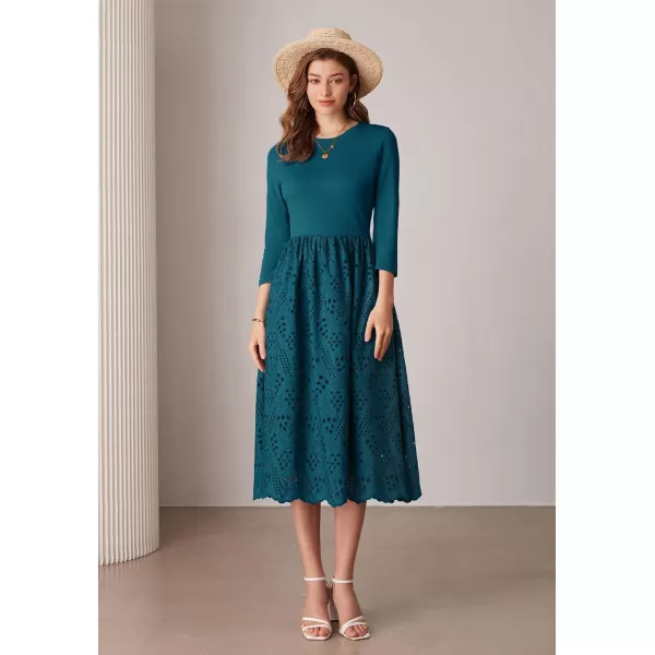 imageGRACE KARIN Womens Summer 34 Sleeve Dress with Pockets A Line Midi Eyelet Dress Empire Waist Casual Fall Flowy DressPeacock Blue