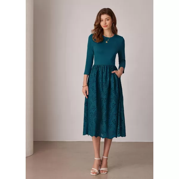 imageGRACE KARIN Womens Summer 34 Sleeve Dress with Pockets A Line Midi Eyelet Dress Empire Waist Casual Fall Flowy DressPeacock Blue