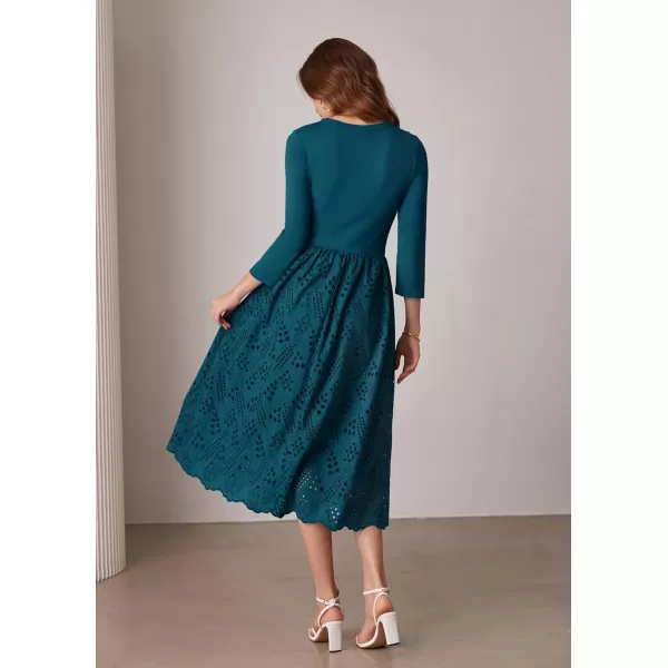 imageGRACE KARIN Womens Summer 34 Sleeve Dress with Pockets A Line Midi Eyelet Dress Empire Waist Casual Fall Flowy DressPeacock Blue