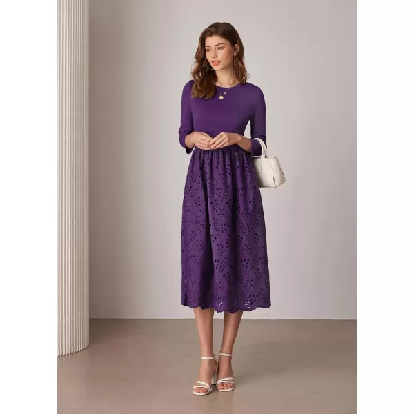 imageGRACE KARIN Womens Summer 34 Sleeve Dress with Pockets A Line Midi Eyelet Dress Empire Waist Casual Fall Flowy DressPurple