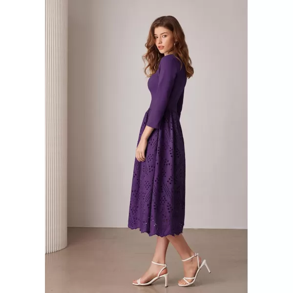 imageGRACE KARIN Womens Summer 34 Sleeve Dress with Pockets A Line Midi Eyelet Dress Empire Waist Casual Fall Flowy DressPurple