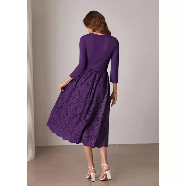 imageGRACE KARIN Womens Summer 34 Sleeve Dress with Pockets A Line Midi Eyelet Dress Empire Waist Casual Fall Flowy DressPurple