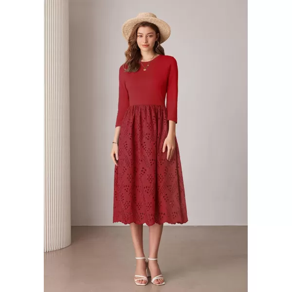 imageGRACE KARIN Womens Summer 34 Sleeve Dress with Pockets A Line Midi Eyelet Dress Empire Waist Casual Fall Flowy DressRed