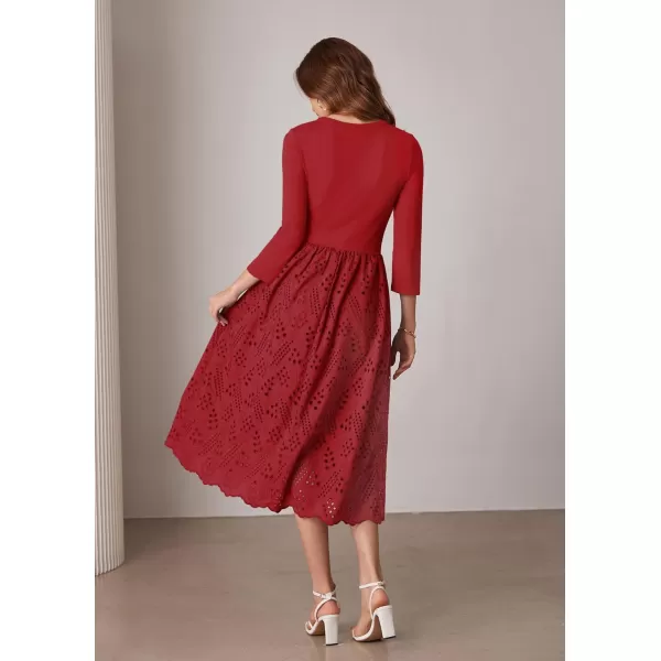 imageGRACE KARIN Womens Summer 34 Sleeve Dress with Pockets A Line Midi Eyelet Dress Empire Waist Casual Fall Flowy DressRed