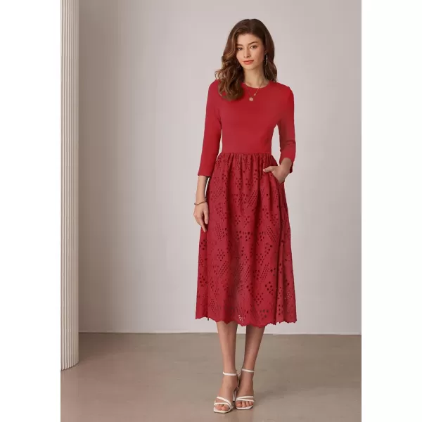 imageGRACE KARIN Womens Summer 34 Sleeve Dress with Pockets A Line Midi Eyelet Dress Empire Waist Casual Fall Flowy DressRed