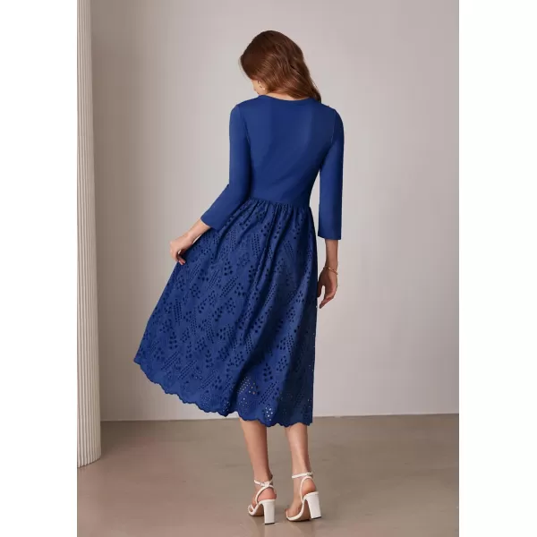 imageGRACE KARIN Womens Summer 34 Sleeve Dress with Pockets A Line Midi Eyelet Dress Empire Waist Casual Fall Flowy DressRoyal Blue