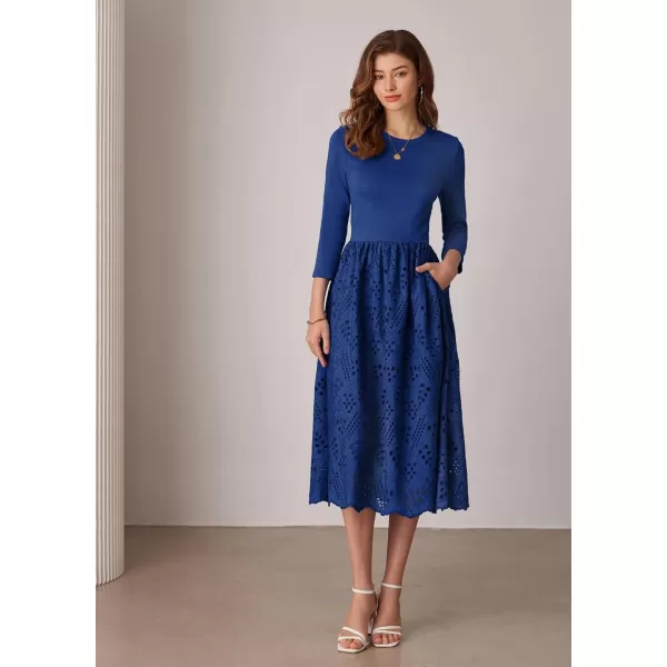 imageGRACE KARIN Womens Summer 34 Sleeve Dress with Pockets A Line Midi Eyelet Dress Empire Waist Casual Fall Flowy DressRoyal Blue