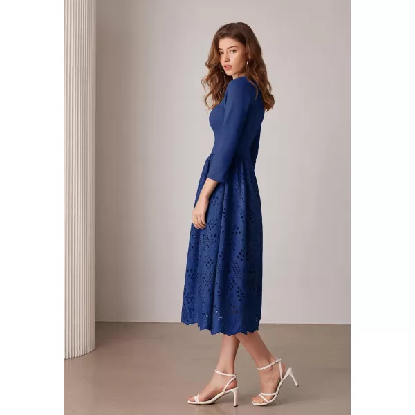 imageGRACE KARIN Womens Summer 34 Sleeve Dress with Pockets A Line Midi Eyelet Dress Empire Waist Casual Fall Flowy DressRoyal Blue