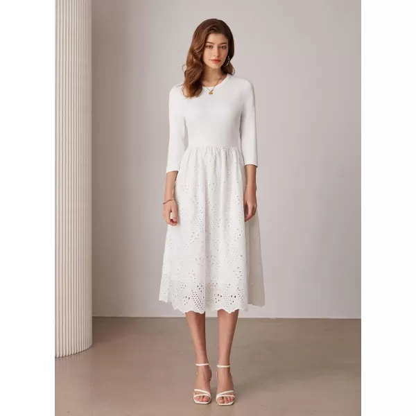 imageGRACE KARIN Womens Summer 34 Sleeve Dress with Pockets A Line Midi Eyelet Dress Empire Waist Casual Fall Flowy DressWhite