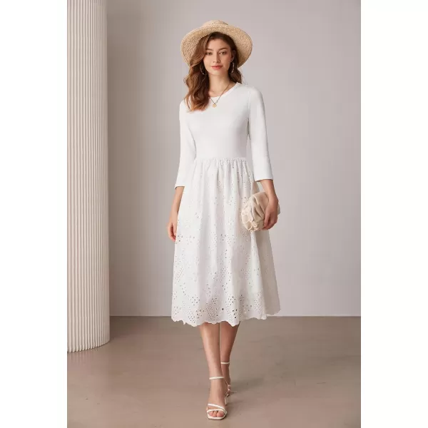 imageGRACE KARIN Womens Summer 34 Sleeve Dress with Pockets A Line Midi Eyelet Dress Empire Waist Casual Fall Flowy DressWhite