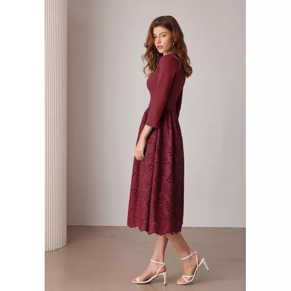 imageGRACE KARIN Womens Summer 34 Sleeve Dress with Pockets A Line Midi Eyelet Dress Empire Waist Casual Fall Flowy DressWine Red