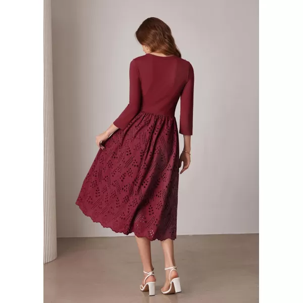 imageGRACE KARIN Womens Summer 34 Sleeve Dress with Pockets A Line Midi Eyelet Dress Empire Waist Casual Fall Flowy DressWine Red