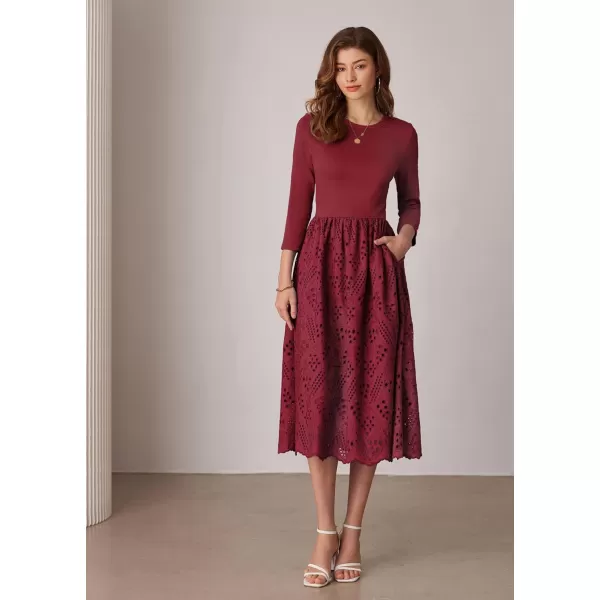 imageGRACE KARIN Womens Summer 34 Sleeve Dress with Pockets A Line Midi Eyelet Dress Empire Waist Casual Fall Flowy DressWine Red