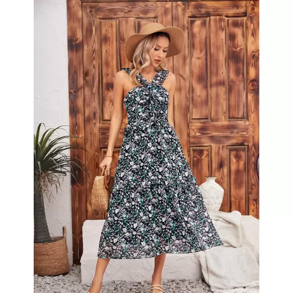 imageGRACE KARIN Womens Summer Boho Floral Tiered Dress Strap A Line Swing Flowy Midi Dress Ruffle Beach Wedding Guest DressFloral Black