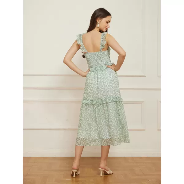 imageGRACE KARIN Womens Summer Boho Floral Tiered Dress Strap A Line Swing Flowy Midi Dress Ruffle Beach Wedding Guest DressFloral Green