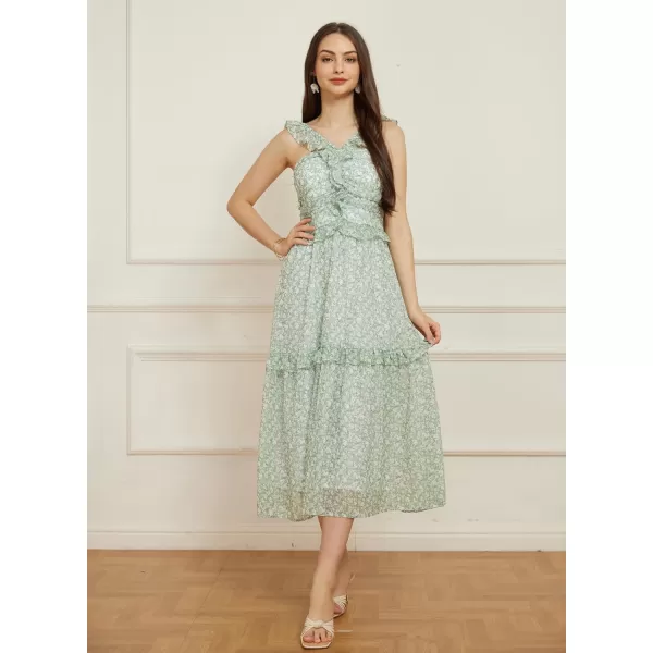 imageGRACE KARIN Womens Summer Boho Floral Tiered Dress Strap A Line Swing Flowy Midi Dress Ruffle Beach Wedding Guest DressFloral Green
