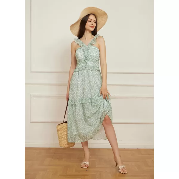 imageGRACE KARIN Womens Summer Boho Floral Tiered Dress Strap A Line Swing Flowy Midi Dress Ruffle Beach Wedding Guest DressFloral Green