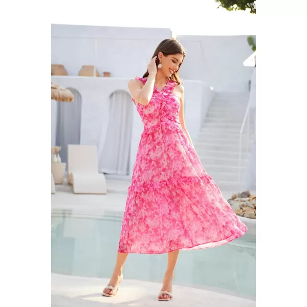 imageGRACE KARIN Womens Summer Boho Floral Tiered Dress Strap A Line Swing Flowy Midi Dress Ruffle Beach Wedding Guest DressFloral Pink