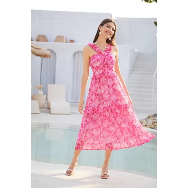 imageGRACE KARIN Womens Summer Boho Floral Tiered Dress Strap A Line Swing Flowy Midi Dress Ruffle Beach Wedding Guest DressFloral Pink