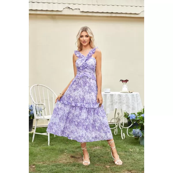 imageGRACE KARIN Womens Summer Boho Floral Tiered Dress Strap A Line Swing Flowy Midi Dress Ruffle Beach Wedding Guest DressFloral Purple