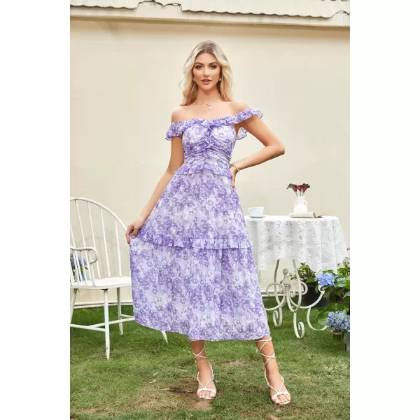 imageGRACE KARIN Womens Summer Boho Floral Tiered Dress Strap A Line Swing Flowy Midi Dress Ruffle Beach Wedding Guest DressFloral Purple