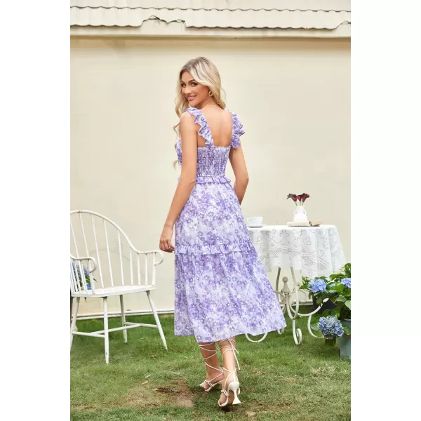 imageGRACE KARIN Womens Summer Boho Floral Tiered Dress Strap A Line Swing Flowy Midi Dress Ruffle Beach Wedding Guest DressFloral Purple