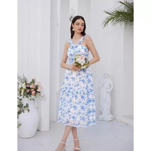 imageGRACE KARIN Womens Summer Boho Floral Tiered Dress Strap A Line Swing Flowy Midi Dress Ruffle Beach Wedding Guest DressPrint Blue Rose