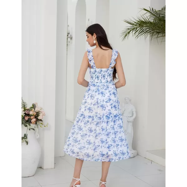 imageGRACE KARIN Womens Summer Boho Floral Tiered Dress Strap A Line Swing Flowy Midi Dress Ruffle Beach Wedding Guest DressPrint Blue Rose