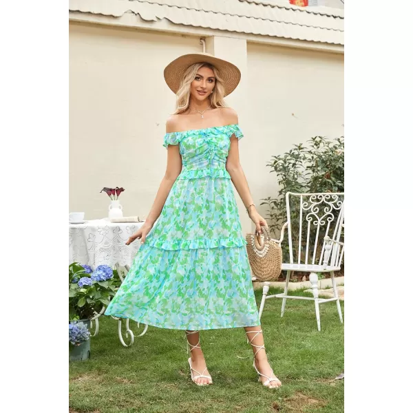 imageGRACE KARIN Womens Summer Boho Floral Tiered Dress Strap A Line Swing Flowy Midi Dress Ruffle Beach Wedding Guest DressPrint Green Blue