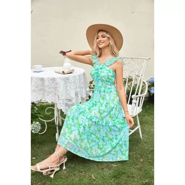 imageGRACE KARIN Womens Summer Boho Floral Tiered Dress Strap A Line Swing Flowy Midi Dress Ruffle Beach Wedding Guest DressPrint Green Blue