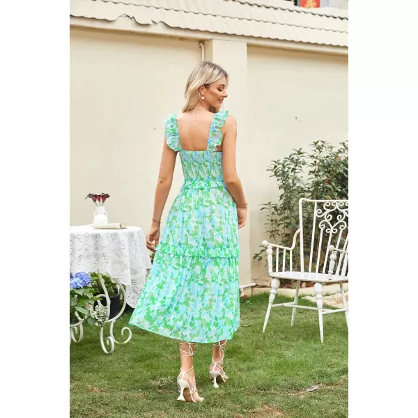 imageGRACE KARIN Womens Summer Boho Floral Tiered Dress Strap A Line Swing Flowy Midi Dress Ruffle Beach Wedding Guest DressPrint Green Blue