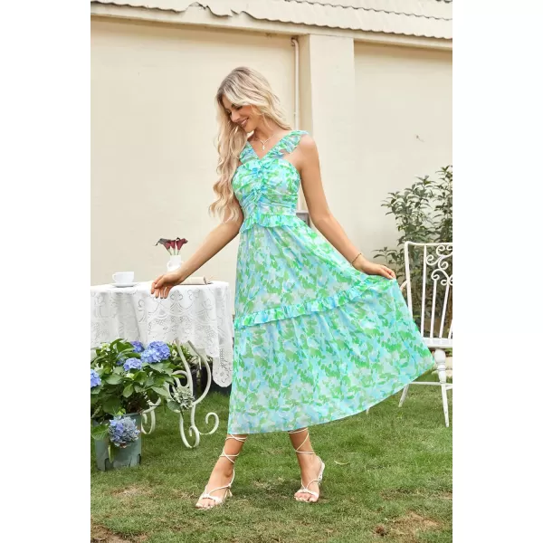 imageGRACE KARIN Womens Summer Boho Floral Tiered Dress Strap A Line Swing Flowy Midi Dress Ruffle Beach Wedding Guest DressPrint Green Blue