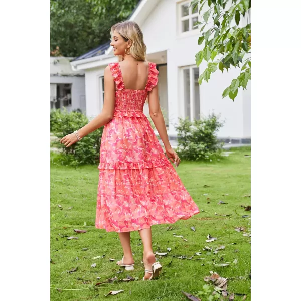 imageGRACE KARIN Womens Summer Boho Floral Tiered Dress Strap A Line Swing Flowy Midi Dress Ruffle Beach Wedding Guest DressPrint Orange Red