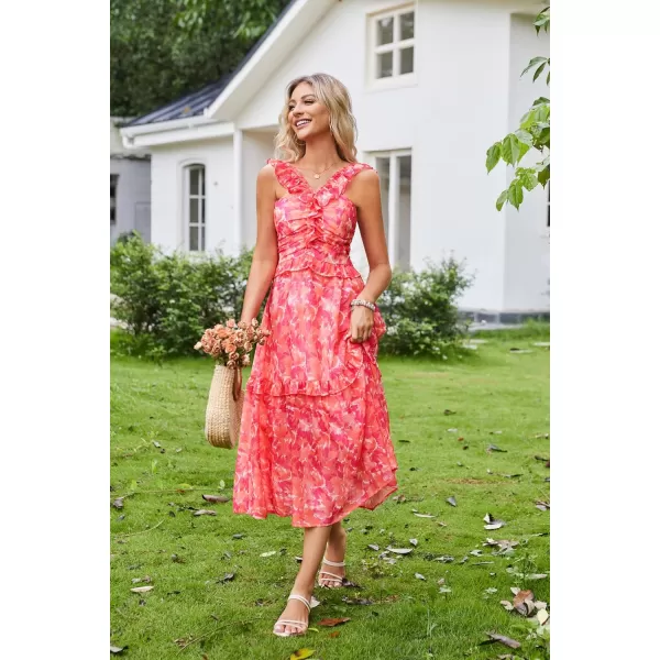 imageGRACE KARIN Womens Summer Boho Floral Tiered Dress Strap A Line Swing Flowy Midi Dress Ruffle Beach Wedding Guest DressPrint Orange Red