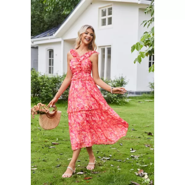 imageGRACE KARIN Womens Summer Boho Floral Tiered Dress Strap A Line Swing Flowy Midi Dress Ruffle Beach Wedding Guest DressPrint Orange Red