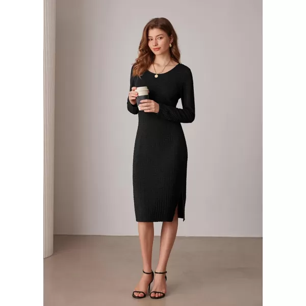 imageGRACE KARIN Womens Work Dresses Waffle Crewneck Long Sleeve Fall Midi Dress Side Slit Fitted Pencil DressBlack