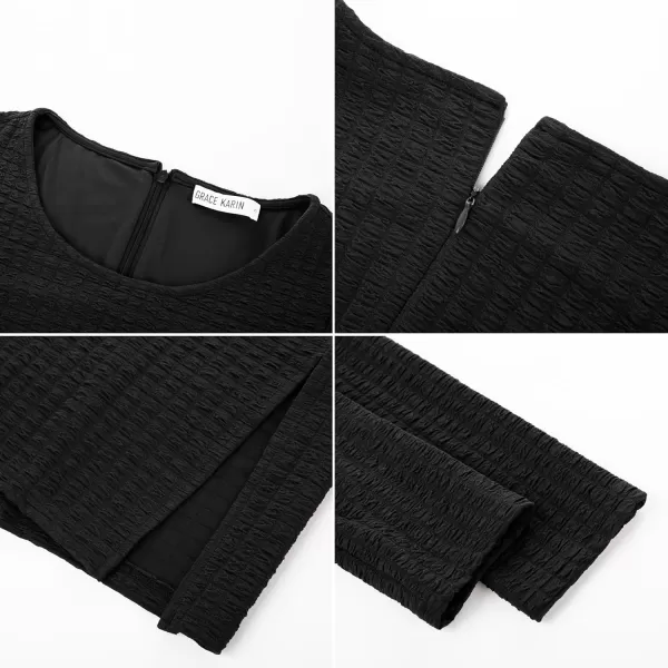 imageGRACE KARIN Womens Work Dresses Waffle Crewneck Long Sleeve Fall Midi Dress Side Slit Fitted Pencil DressBlack
