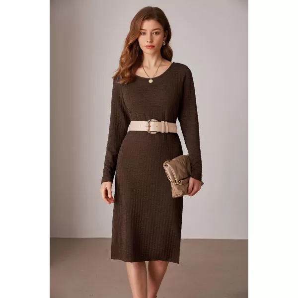 imageGRACE KARIN Womens Work Dresses Waffle Crewneck Long Sleeve Fall Midi Dress Side Slit Fitted Pencil DressBrown