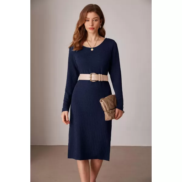 imageGRACE KARIN Womens Work Dresses Waffle Crewneck Long Sleeve Fall Midi Dress Side Slit Fitted Pencil DressNavy Blue