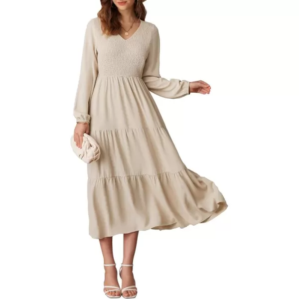 imageGRACE KARIN Long Sleeve Dresses for Women V Neck Smocked Tiered ALine Dress Formal Cocktail Wedding Guest Maxi DressApricot