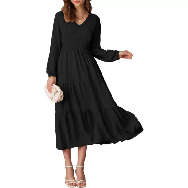 imageGRACE KARIN Long Sleeve Dresses for Women V Neck Smocked Tiered ALine Dress Formal Cocktail Wedding Guest Maxi DressBlack