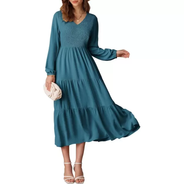 imageGRACE KARIN Long Sleeve Dresses for Women V Neck Smocked Tiered ALine Dress Formal Cocktail Wedding Guest Maxi DressBlue Green