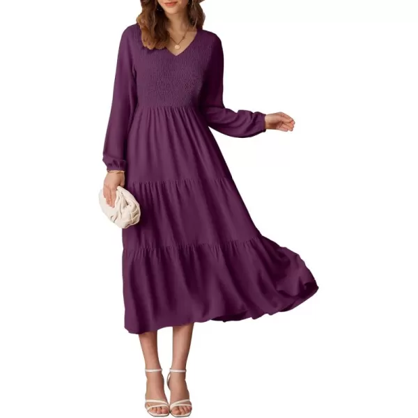 imageGRACE KARIN Long Sleeve Dresses for Women V Neck Smocked Tiered ALine Dress Formal Cocktail Wedding Guest Maxi DressDark Purple