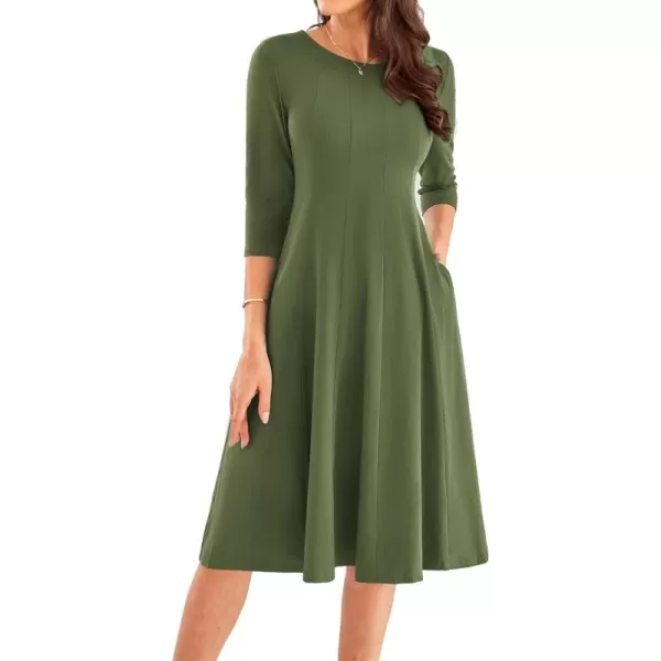 imageGRACE KARIN Womens 2024 Fall Trendy Crew Neck 34 Sleeve A Line Flowy Casual Midi Dress with PocketsArmy Green