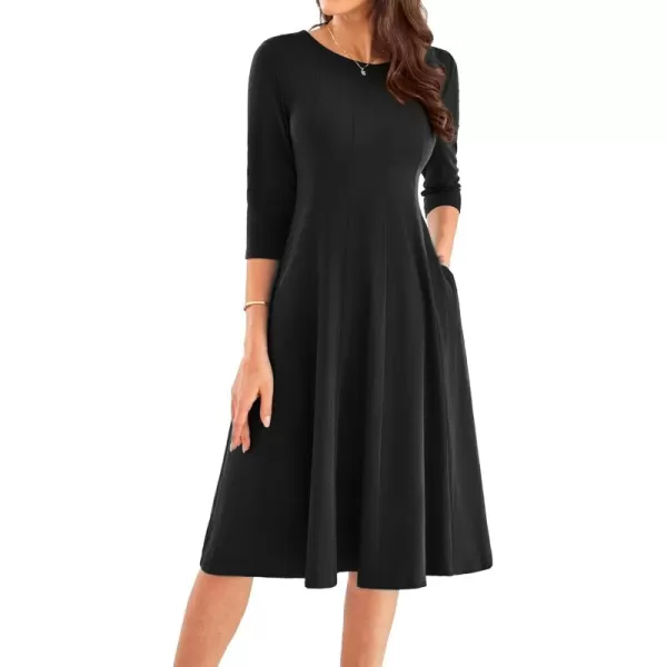 imageGRACE KARIN Womens 2024 Fall Trendy Crew Neck 34 Sleeve A Line Flowy Casual Midi Dress with PocketsBlack