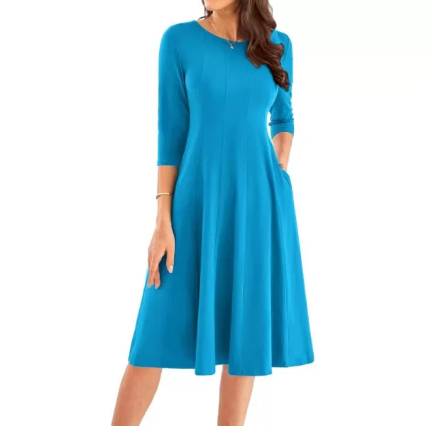 imageGRACE KARIN Womens 2024 Fall Trendy Crew Neck 34 Sleeve A Line Flowy Casual Midi Dress with PocketsBlue