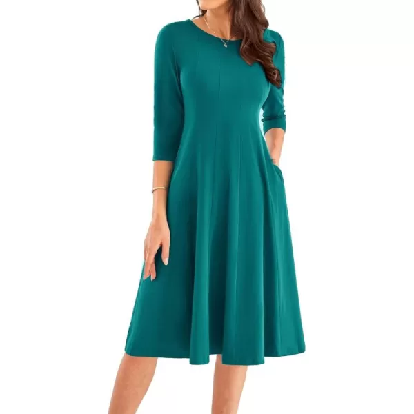 imageGRACE KARIN Womens 2024 Fall Trendy Crew Neck 34 Sleeve A Line Flowy Casual Midi Dress with PocketsBlue Green