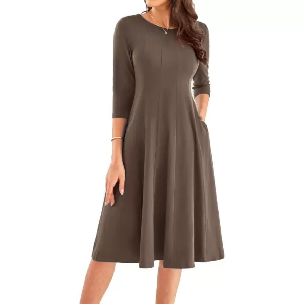 imageGRACE KARIN Womens 2024 Fall Trendy Crew Neck 34 Sleeve A Line Flowy Casual Midi Dress with PocketsBrown