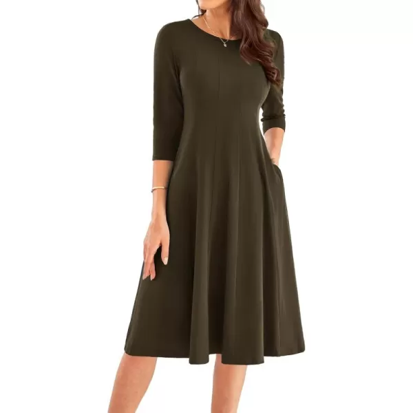 imageGRACE KARIN Womens 2024 Fall Trendy Crew Neck 34 Sleeve A Line Flowy Casual Midi Dress with PocketsCoffee