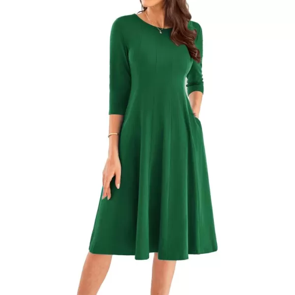 imageGRACE KARIN Womens 2024 Fall Trendy Crew Neck 34 Sleeve A Line Flowy Casual Midi Dress with PocketsDark Dreen